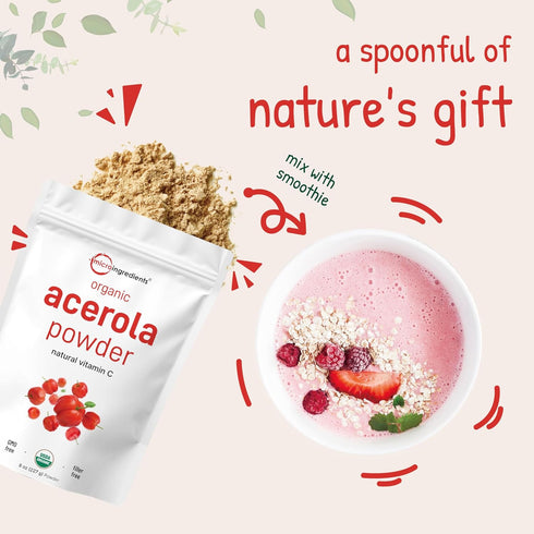 Organic Acerola Powder, 8oz | Natural Organic Vitamin C Superfood | No Sugar & Additives | Great Flavor for Drinks, Smoothie, & Beverages | Non-GM...