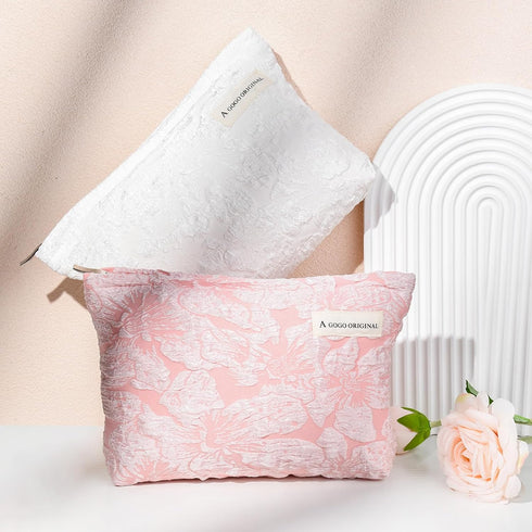 2 Pieces Embossed Pink Flower Makeup Bag Large Floral Cosmetic Bag Capacity Canvas Travel Toiletry Bag Organizer Cute Makeup Brushes Aesthetic Acc...