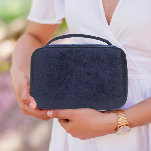 KOPY Velvet Makeup Bag for Women, Large and Classy Makeup Organizer, Make Up Travel Toiletry Bag Portable With Handle (Navy)...