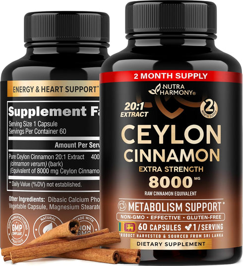Ceylon Cinnamon Capsules - 8000 mg, Extra Strength - Made in USA - Energy, Heart & Metabolism Support - for Men & Women - Pure Natural Extract 20:...