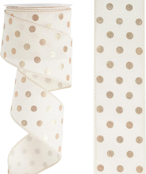 HUIHUANG Gold Polka Dot Wired Ribbon White and Gold Dot Ribbon Wired Edge Burlap Ribbon, 2.5 inch X 10 Yards Wreath Ribbon with Wire for Crafts X-...