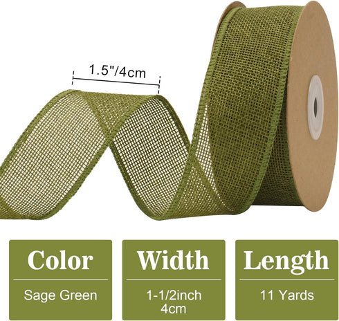 Sage Green Wired Burlap Ribbon, 1-1/2" x 11 Yards Wired Ribbons, Wide Burlap Ribbon with Spool, Wired Ribbon for Gift Wrapping, Arts and Crafts, P...