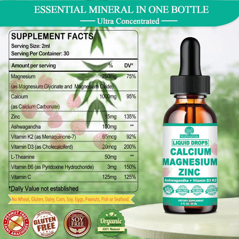 Calcium Magnesium Zinc D3 with Calm Magnesium Glycinate Plus Ashwagandha, L-Theanine, Liquid Calcium with Vitamin D3 and Magnesium Supplement for ...