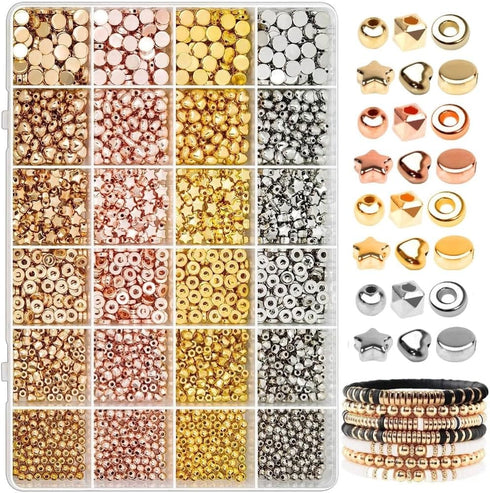 Spacer Beads Kit for Bracelet Making, 3000 Assorted Round Hearts and Stars Gold Tones and Silver Beads for Bracelet Jewelry Making Set for Teen Gi...