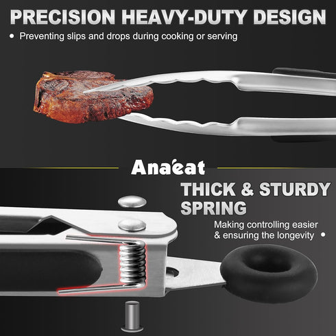 Anaeat Stainless Steel Locking Tong Set of 3 - Premium 7, 9 and 12 inch Kitchen Food Tongs with Non-Slip Silicone Tips and Grip for Serving, Cooki...