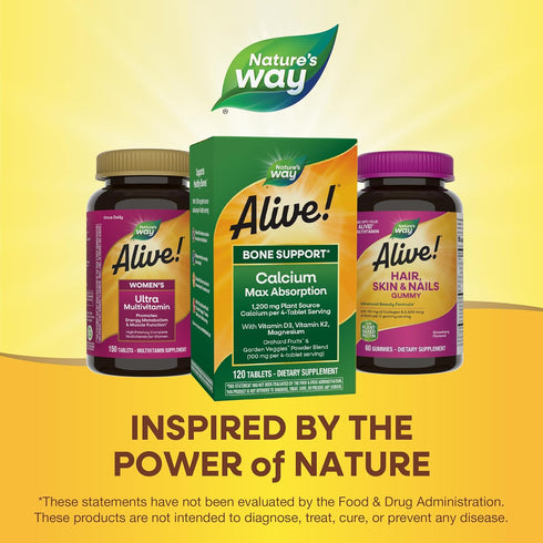 Nature's Way Alive! Calcium Max Absorption, Bone Support*, Plant Source Calcium, Vitamin D3 & K2, Magnesium, 120 Tablets (Packaging May Vary)...