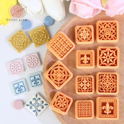Puocaon Mexican Talavera Clay Cutters - 11 Pcs Clay Cutters for Polymer Clay Jewelry, Portuguese Tiles Polymer Clay Jewelry Cutters, Floral Tile C...