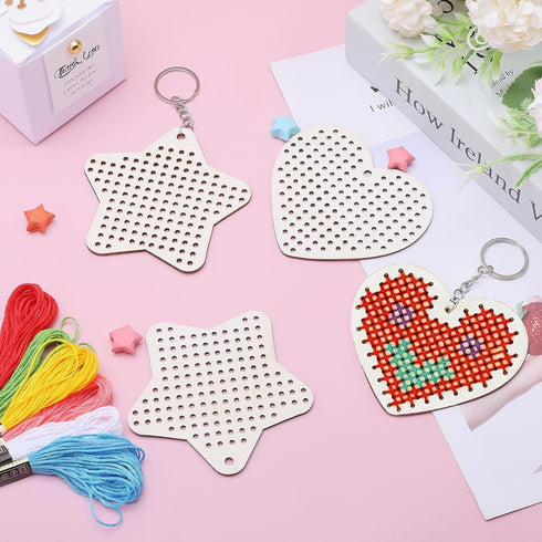 GLOBLELAND 8 Pcs Wooden Cross Stitch Kits Love Star Wood Cross Stitching Keyrings Wood Sewing Kit Plastic Needle Embroidery Kit for Beginners...