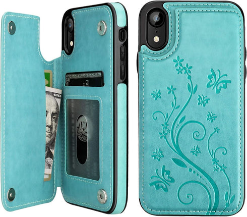 Vaburs for iPhone Xr Case Wallet with Card Holder, Embossed Butterfly Premium PU Leather Double Magnetic Buttons Flip Shockproof Protective Case C...