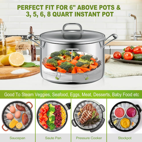 Steamer Basket, 3rd Generation Stainless Steel Vegetable Steamer with Extendable Handle for Cooking Food, Folding & Expandable Veggie Steamer Inse...