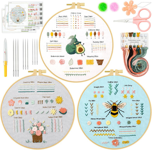 Ponpon 3 Sets Embroidery Kit for Beginners, Embroidery Kit for Adults with Follow Instruction, Cross Stitch Kits with Wooden Embroidery Hoops (Stl...