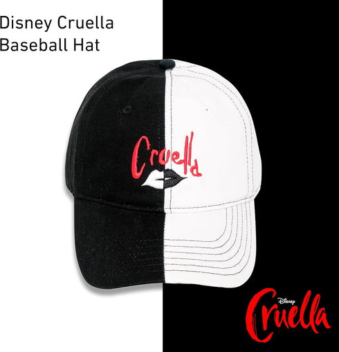 Disney Cruella Two-Tone Cotton Adjustable Dad Hat with Curved Brim, Black and White, One Size...