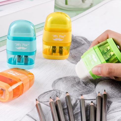 Mr. Pen- Pencil Sharpener & Eraser, 4 Pack, Colorful, 2 Sharpening Holes, Pencil Sharpeners Manual, Manual Pencil Sharpener, Pencils Sharpener, Ha...