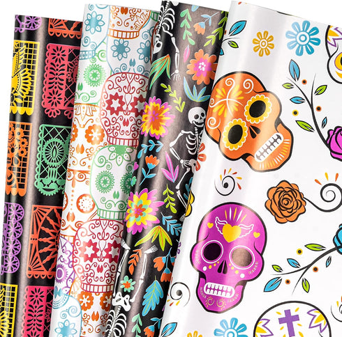 LeZakaa Holiday Wrapping Paper Sheet - 12 Sheet with 4 Different Design - Skull/Skeleton/Floral Print for Day of the Dead, Halloween - 27.5 x 19.6...