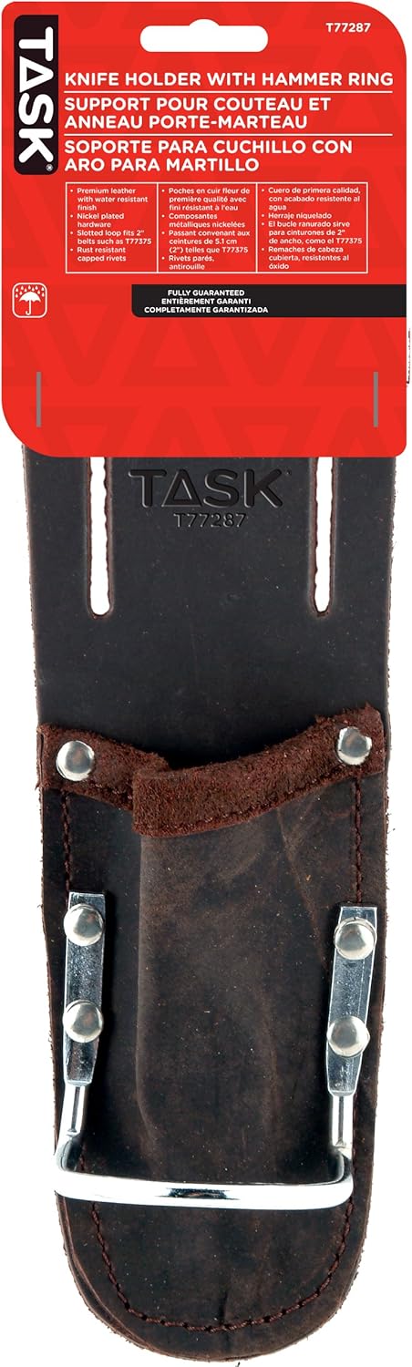 Task T77287 Tradesperson's Premium Leather Utility Knife Holder with Hammer Ring, Compact and Heavy-Duty Construction Tool Holder, Fits Belts Up t...