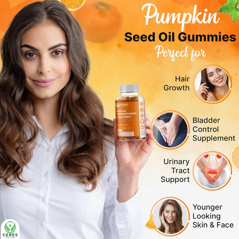Pumpkin Seed Oil Gummies 4,000 mg for Hair Growth, Urinary Tract Support, Bladder Control Supplement, Younger Looking Skin & Face, Rich in Omega 3...