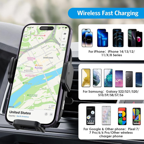 Criacr Wireless Car Charger, Auto-Alignment, Auto-Clamping & Adjustable Phone Holder, Wireless Charging for iPhone 14/13/12/11/Pro Max, Samsung Ga...