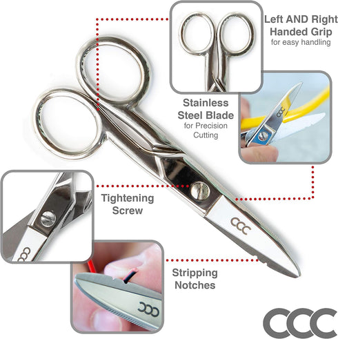 Multi Purpose Electrician Scissors With Leather Carrying Pouch - Heavy Duty Stainless Steel Electrical Shears With Stripping Notches, File & Scrap...