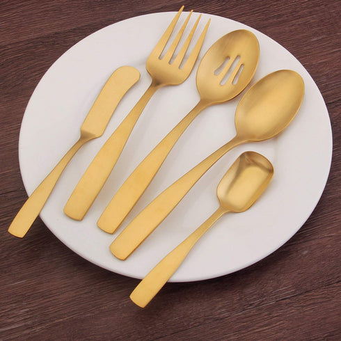 O.C.E. 5-Piece Matte Gold Serving Flatware Silverware Set, Utensil Set of Stainless Steel, Satin Finish, Hostess Tableware Serving Set, Dishwasher...
