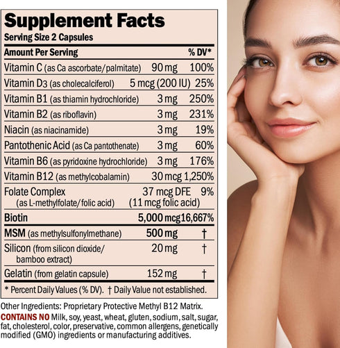 ANDREW LESSMAN Healthy Hair, Skin & Nails 60 Capsules – 5000 mcg High Bioactivity Biotin, B-Complex - Promotes Beautiful Hair, Skin, Strong Nails ...