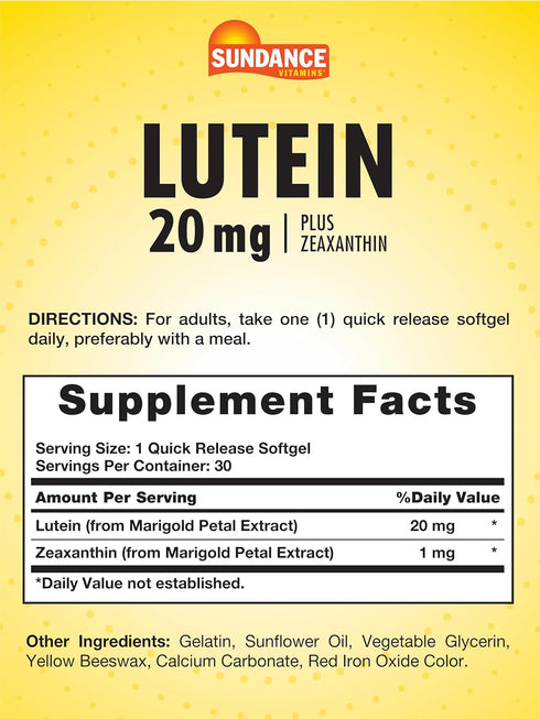 Lutein 20mg | 30 Softgels | with Zeaxanthin | Non-GMO and Gluten Free Supplement | by Sundance...