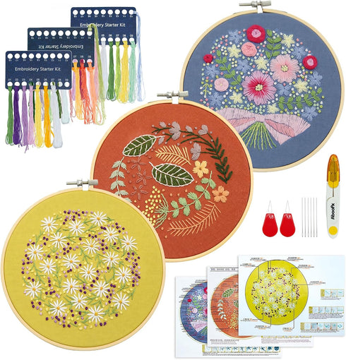 XM-GENYUE 3 Sets Embroidery Kit for Beginners with Operating Instructions, Cross Stitch Kits for Adults with Flowers Patterns, Needlepoint Kits......