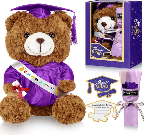 Graduation Bear Gifts Set Include Stuffed Animal Bear with Gown Cap Tassel Class of 2024 Grad Card Soap Artificial Flower Graduation Box with Grad...
