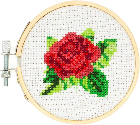 Kikkerland DIY Mini Cross Stitch Rose Embroidery Craft Starter Kit Set, with Pattern Instructions, 3" Bamboo Hoop, Stress Relief, Adult Beginner F...