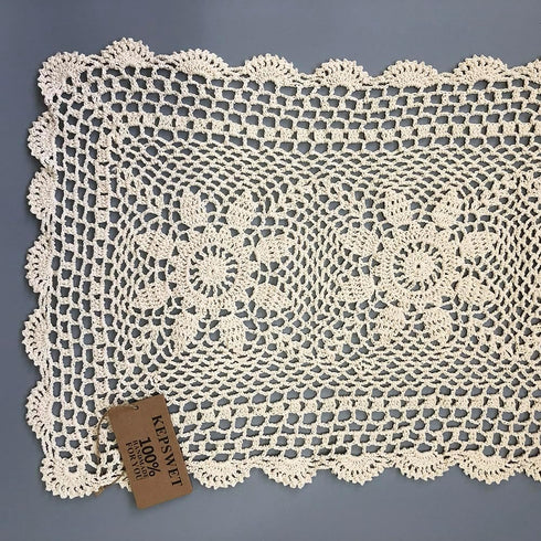 KEPSWET Sunflower Cotton Handmade Crochet Lace Rectangle Table Runner Coffee Table Decor (14x60 inch, Beige)...