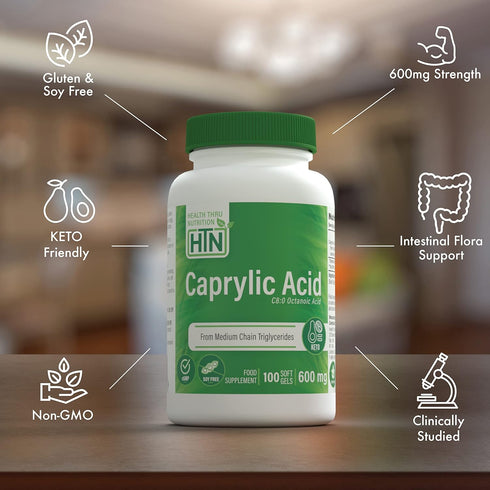 Health Thru Nutrition Caprylic Acid 600mg 100 Softgels | C8 Octanoic Acid from pure 1g MCT Oil | Non-GMO & Soy Free | Support Healthy Digestive an...