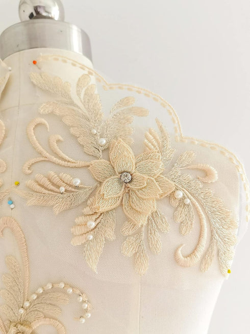 Champagne applique lace, bodice applique, Champagne trim beaded, Champagne 3D lace flower, lace fabric Champagne tulle for dress CH (C1a champagne...