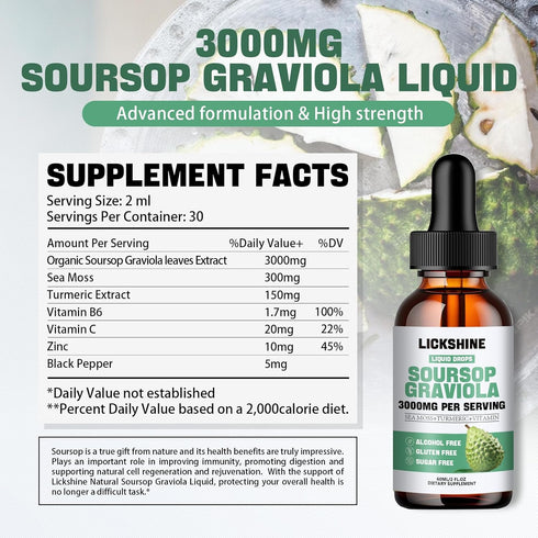 1 Packs 3000MG Soursop Graviola Liquid Drop for Cell Support &Regeneration, lmmune, Gut, Antioxidant, Mood, Relax, Liver and Sleep Zzz - Soursop G...