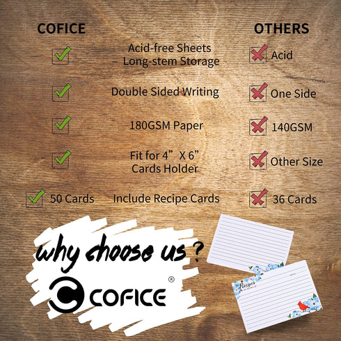 COFICE Recipe Cards 4x6 Inch, Cut Thicken Card Stock Double Sided Recipe Cards, 50-Pack (Bird)...