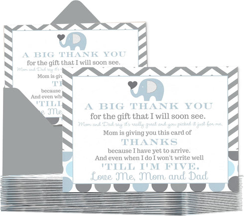 Paper Clever Party Blue Elephant Baby Shower Thank You Cards with Envelopes - Blank Notes with Prefilled Message for Boys - Personalize Cute Jungl...