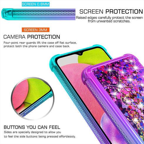 for Galaxy A03S Case,Samsung 03S Case with HD Screen Protector,Gradient Quicksand Glitter Liquid Floating Waterfall Durable Girls Cute Phone Case ...