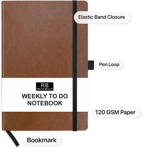 RICCO BELLO Undated Weekly Planner To Do Notebook | Faux Leather Hardcover, for Work, School, Home with Pen Loop, Bookmark, Band Closure, Storage ...