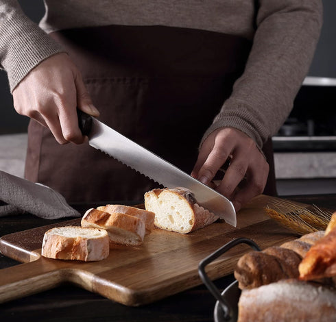 Bread Knife 8 Inch with Sheath - German High Carbon Stainless Steel, Ergonomic Grip Full Tang Wood Handle - Serrated Edge Home Kitchen Knife for B...