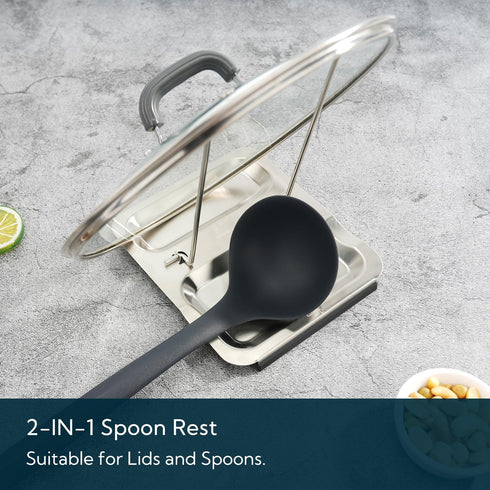 KITCHENDAO Foldable Spoon Rest and Pot Lid Holder for Counter, Non-scratch Silicone Base, Stainless Steel Pan Pot Cover Lid Rack Shelf Stand Holde...