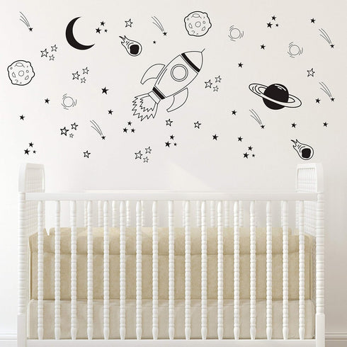 A37 Black Space Themed Room Decor - Rocket & Ship Wall Decals for Baby Boys Nursery...