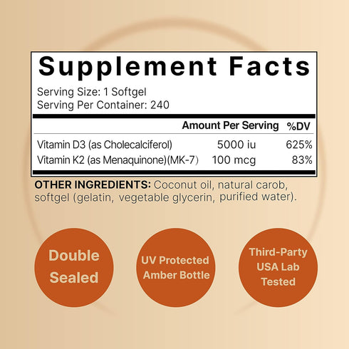 NatureBell Vitamin D3 5000 K2 (MK7) with Virgin Coconut Oil, 240 Softgels, 100mcg, 2 in 1 Support, Duo-Ack | 8 Months Supply | Third Party Tested,...