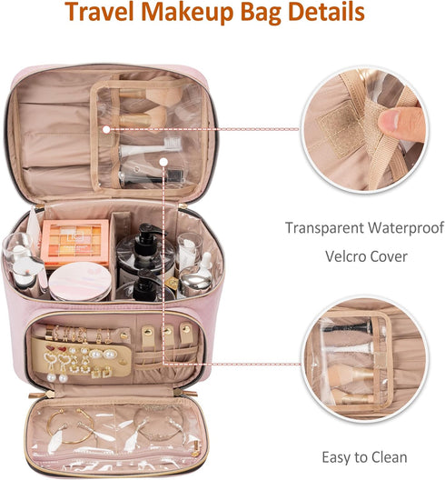 Travel Cosmetic Organizer Bag - Large Makeup Case with Jewelry Storage, Waterproof Toiletry Box for Cosmetics, Brushes, and Tools, Pink...