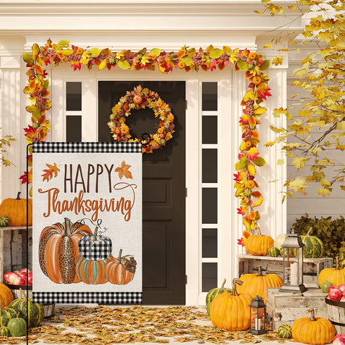 Happy Thanksgiving Fall Garden Flags for Outdoor,12x18 Double Sided,Harvest Buffalo Plaid Pumpkins Yard Flags,Small Thanksgiving Day Garden Decor ...