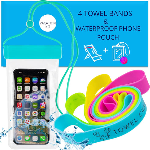 Towel Bands and Waterproof Phone Pouch Kit | Cruise Travel Accessories | Silicone Bands 4 Pack and Phone Case Waterproof | Beach Accessories for V...