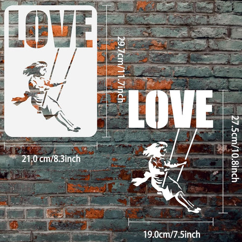 FINGERINSPIRE Banksy Girl On Swing Stencil 8.3x11.7inch Reusable Banksy Theme Painting Template Banksy Girl with LOVE Drawing Stencil Banksy Stenc...