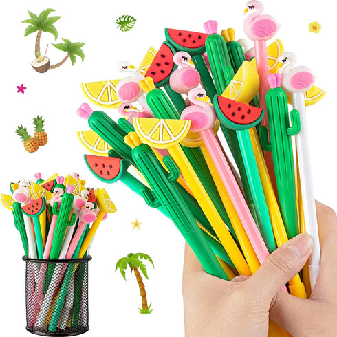 30Pcs Hawaiian Luau Ballpoint Pens, 0.5 mm Black Gel Ink Pen, Cute Flamingo Watermelon Cactus Lemon Fruit Pen for Kids Student and School Office S...
