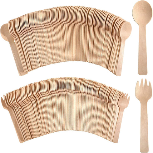 200 Count 4 Inch Disposable Wooden Cutlery Set,100 Mini Wooden Spoons, 100 Mini Wooden Forks, Birchwood Material Utensils, Disposable Spoons Forks...