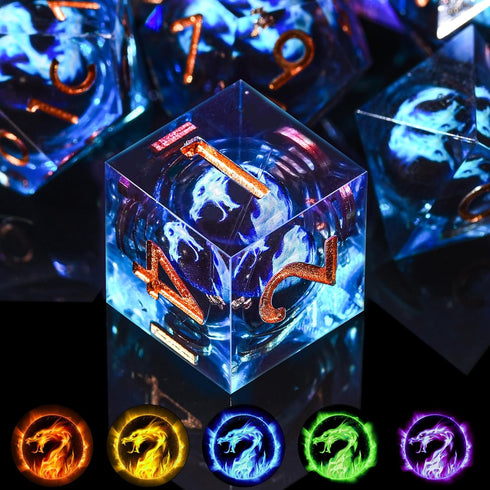 AUSTOR 7 Die DND Dice Set 7 Pieces Blue Flame Dragon Resin Dice Role Playing D and D Dice D20 D12 D10 D8 D6 D4 Sharp Edge Dungeons and Dragons Dic...