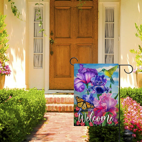 Welcome Spring Hummingbird Iris Garden Flag Double Sided, Purple Flower Bird Yellow Butterfly Decorative House Yard Outdoor Small Decor, Summer Fl...