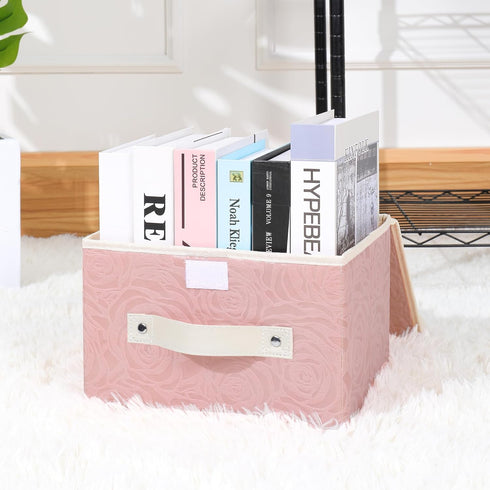 ANMINY Fabric Storage Bin with Lid Rose Print Storage Box Basket with PU Leather Handles Washable PP Plastic Board Decorative Foldable Lidded Shel...