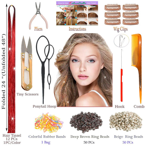 Hair Tinsel Kit With Tools 12 Colors Tinsel Hair Fairy Hair Heat Resistant Glitter Hair Sparkling Shiny Hair Tensile for Girls Kids...